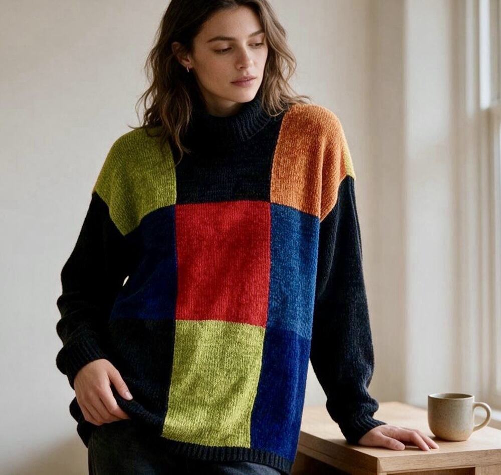 Vtg Cousin Johnny Colorblock Patchwork Turtleneck Sweater Anthropologie L